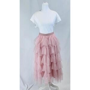 Cupshe Sz M Pink Tiered Tulle Balletcore Skirt Romantic Coquette Fairy Midi